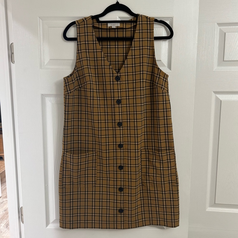 Loft Plaid Blue/Gold Button Down Dress